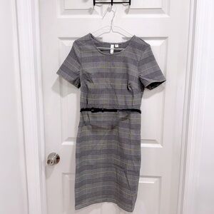 Tacera Gray Plaid Short Sleeve Sheath Dress with Belt - Size M